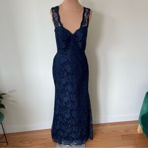 Custom Blue Floral Lace Full Length Illusion Strap V-Back Evening Gown EUC Sz 4